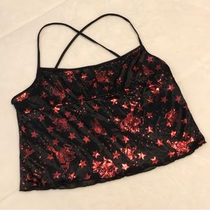 Black and Red Star Cupid Print Satin Lingerie Top